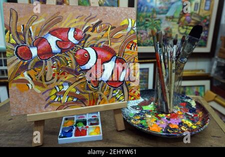 Art, huile, peinture, poisson Clown , Amphiprioninae , poisson Nemo Banque D'Images