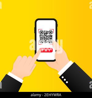 Scannez le code QR pour payer avec votre téléphone mobile. Smartphone scannant le code QR. Vérification du code-barres. Lecture de l'étiquette, générer des paiements numériques sans argent. Acquisition b Illustration de Vecteur