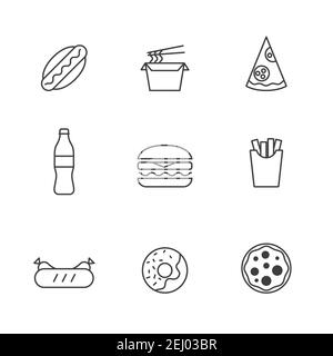 Ensemble de restauration rapide simple, en-cas, icône loin de la maison dans un style de ligne tendance isolé sur fond blanc pour les applications Web et le concept mobile. Vecteur illustré Illustration de Vecteur