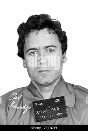 Ted Bundy. Portrait du tueur en série américain, Theodore Robert Bundy (n. Cowell, 1946-1989), Florida Department of corrections mug shot, février 1980 Banque D'Images