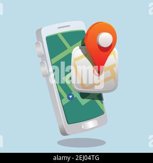 icône de l'application de carte mobile en face de l'écran de carte de la ville smartphone.3d, dessin en trois dimensions modèle de dessin animé jouet comme l'illustration Illustration de Vecteur