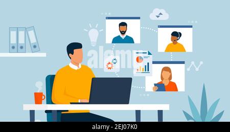 Homme d'affaires travaillant dans son bureau et se connectant en ligne avec son équipe virtuelle, il a une conférence téléphonique Illustration de Vecteur