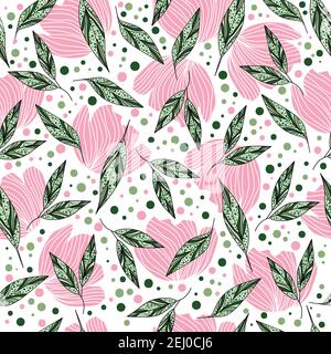 Motif fleuri abstrait avec fleurs et feuilles roses mouvement Illustration de Vecteur