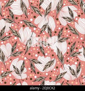 Motif fleuri abstrait avec fleurs, feuilles et points sur fond orange Illustration de Vecteur