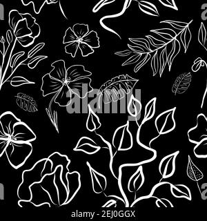 Motif sans couture de main noire et blanche dessinent des feuilles tropicales de palmier et de fleurs. Fond vectoriel botanique, fond d'écran jungle. Illustration de Vecteur