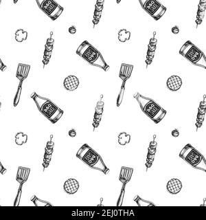 Motif sans couture avec spatule noire et blanche, kebab, bouteilles de sauce, patties de hamburger grillées, tomates grillées, poivron grillé Illustration de Vecteur