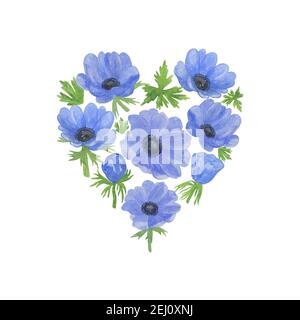 Délicate aquarelle bleu fleur d'anémone et feuilles vertes composition florale en forme de coeur sur fond blanc, simple dessin à la main, salutation Banque D'Images