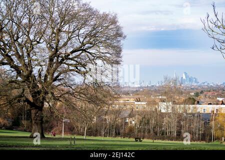 Londres, Royaume-Uni - 20 février 2021 : vue sur les gratte-ciel de Londres depuis Norwood Park Banque D'Images