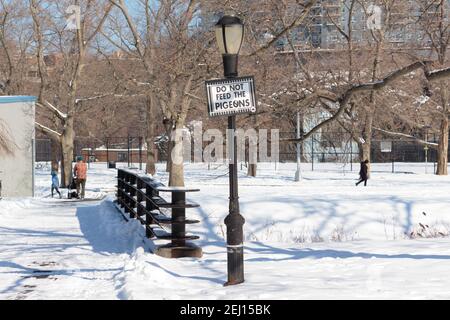 Panneau sur un lampadaire de lecture ne pas nourrir les pigeons à Inwood Hill Park, New York en hiver avec de la neige Banque D'Images