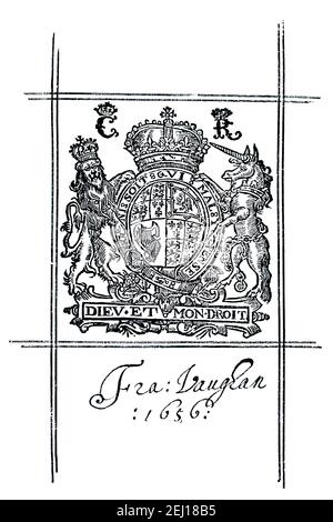 Bibliothèque du XVIIe siècle de Francis Vaughan datée de 1656 avec le Armoiries du roi britannique Charles Ier Banque D'Images