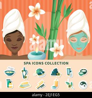 Spa Wellness Beauty Resort bannière avec services disponibles menu de soins symboles illustration vectorielle d'arrière-plan de la collection d'icônes plates Illustration de Vecteur