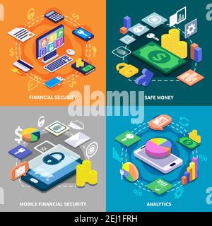 Sécurité financière et transaction d'argent sûr 2x2 concept isométrique isolé sur les arrière-plans colorés illustration 3d vectorielle Illustration de Vecteur