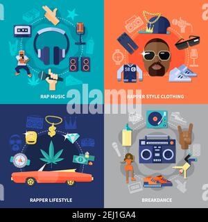 RAP Music Flat concept avec des vêtements de rappeur et de style de vie, breakdance isolée sur fond couleur illustration vectorielle Illustration de Vecteur