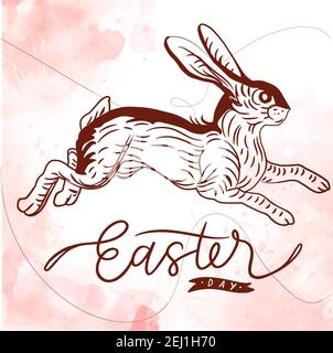 Bon Pâques main logo esquissé, badge typographie icône. Lettrage joyeuses Pâques avec lapin pour carte de vœux, modèle d'invitation. Rétro, vintage Illustration de Vecteur