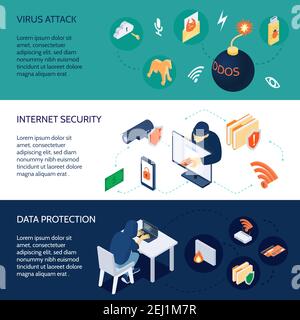 Activité de hacker ensemble de bannières isométriques horizontales avec attaque de virus, sécurité Internet, protection des données illustration de vecteur isolé Illustration de Vecteur