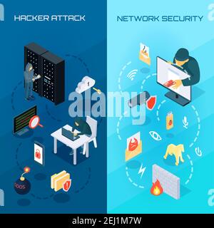 Ensemble de bannières isométriques verticales avec attaque de hacker et réseau sécurité sur fond bleu illustration du vecteur isolé Illustration de Vecteur