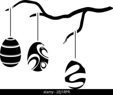 Œufs de Pâques pendus sur l'icône Tree Branch. Motif pochoir noir. Illustration vectorielle. Illustration de Vecteur