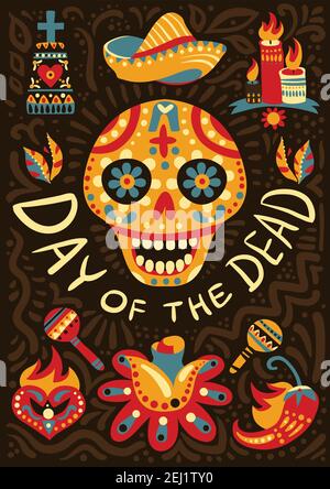 Fête mexicaine des morts de minuit festivités décoratif fond poster avec illustration vectorielle traditionnelle colorée de symbole de crâne ornemental Illustration de Vecteur