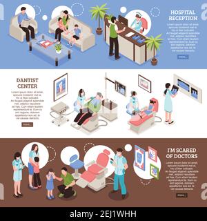 Bannières horizontales pour centre dentaire avec bureau des médecins de réception de l'hôpital et illustration du vecteur isométrique patients effrayés Illustration de Vecteur