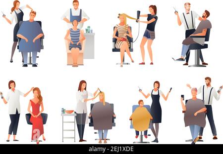 Coiffeur styliste barber gradient Flat personnes collection d'images d'isolé doodle personnages d'experts en coiffure avec des clients vecteur illustrati Illustration de Vecteur