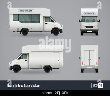 Maquette publicitaire réaliste avec vues isolées sur les chariots alimentaires d'un véhicule commercial avec illustration à vecteur d'ombres Illustration de Vecteur