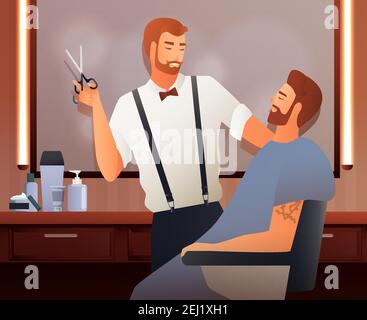 Coiffeur coiffeur gradient de coiffure plat personnes composition avec deux humains personnages à l'intérieur d'un salon de coiffure avec illustration vectorielle d'ombres Illustration de Vecteur