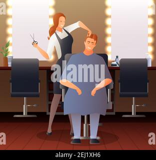 Coiffeur coiffeur dégradé de coiffure pour personnes avec salon de coiffure sièges intérieurs, illustration vectorielle des rétroviseurs et des personnages humains Illustration de Vecteur