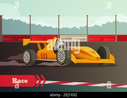 Arrière-plan plat de course avec des images de voiture de course rapide et pilote sur piste de course avec illustration vectorielle curbsides Illustration de Vecteur