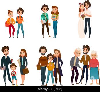 Les étapes de développement familial sont définies, y compris le couple dans l'enfance, pendant le mariage, le rôle parental, l'illustration de vecteur isolé de la vieillesse Illustration de Vecteur