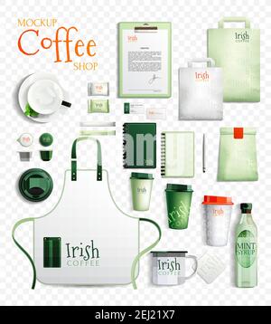 Kit de création de café Mockup avec images isolées de illustration vectorielle des produits biologiques de marque irish coffeeshop Illustration de Vecteur