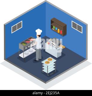 Cuisine professionnelle intérieur composition isométrique avec chef à chaud illustration du vecteur de l'unité alimentaire et du mini-convoyeur Illustration de Vecteur