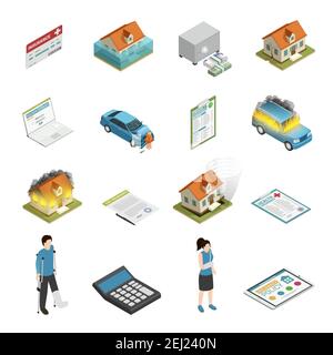 Police d'assurance éléments de protection isométriques icons collection avec blessures illustration d'un vecteur isolé endommagé par un incendie ou une tornade Illustration de Vecteur