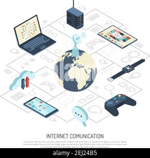 Composition isométrique de l'Internet des objets avec antenne parabolique sur le globe, stockage dans le cloud, serveur, illustration vectorielle des appareils mobiles Illustration de Vecteur