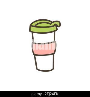 Vecteur de tasse à café réutilisable dessiné à la main, isolé sur fond blanc. Tasse Doodle éco zéro déchet concept Illustration de Vecteur