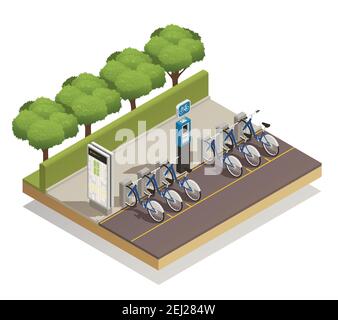 Concept isométrique de transport urbain écologique avec certaines bicyclettes disponibles pour la location au poste et le guichet de caisse pour le scénario de paiement illustration Illustration de Vecteur