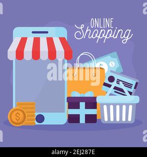 le lettrage des achats en ligne et l'ensemble des icônes de la boutique en ligne un arrière-plan violet Illustration de Vecteur