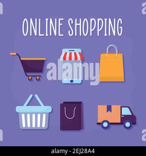 lettrage des achats en ligne et lot d'icônes de boutique en ligne Illustration de Vecteur