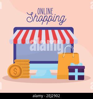 le lettrage des achats en ligne et l'ensemble des icônes de la boutique en ligne un arrière-plan rose clair Illustration de Vecteur