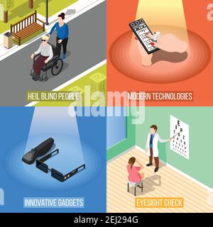 Concept de conception de personnes aveugles isométriques avec quatre compositions carrées de gadgets modernes pour les personnes malvoyantes illustration vectorielle Illustration de Vecteur