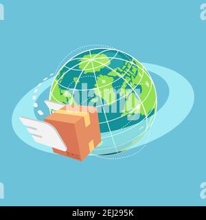 Boîte en carton Isométrique 3D plate qui fait le tour du monde. Concept global d'expédition et de logistique. Illustration de Vecteur