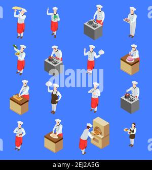 Les cuisiniers professionnels chef pizzeria peuple isométrique icônes collection de personnages humains isolés avec illustration vectorielle des appareils de cuisine Illustration de Vecteur