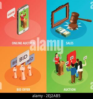 Concept de conception isométrique 2x2 de vente aux enchères avec images des mains humaines présentation des palettes de vente aux enchères et illustration vectorielle de l'application en ligne pour smartphone Illustration de Vecteur