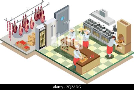 Les cuisiniers professionnels chef pizzeria Isometric personnes composition avec grand restaurant cuisine environnement équipement de cuisine et travailleurs vecteur i Illustration de Vecteur