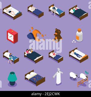 Ensemble de temps de sommeil des icônes isométriques avec des personnes au lit, horloge sur fond bleu illustration vectorielle isolée Illustration de Vecteur