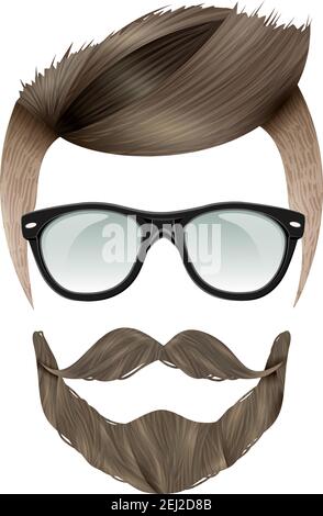 Homme de brunet hippster réaliste avec moustache à la barbe et style tendance lunettes sur fond blanc illustration vectorielle plate Illustration de Vecteur