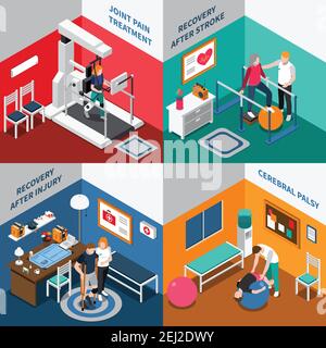 Quatre carrés physiothérapie réhabilitation icône isométrique ensemble avec douleur articulaire rétablissement du traitement après un accident vasculaire cérébral et une blessure paralysie cérébrale descriptions ve Illustration de Vecteur