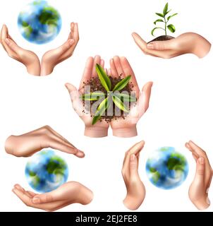 Jeu de symboles écologiques avec mains femelles réalistes, globe et sprint vert dans l'illustration vectorielle isolée au sol Illustration de Vecteur