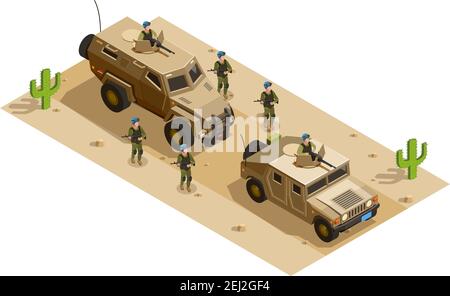 L'armée mécanisée infanterie en uniforme de combat opérant dans le désert avec véhicules blindés illustration vectorielle de composition isométrique Illustration de Vecteur