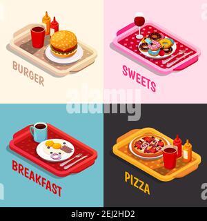 Cuisine alimentaire concept isométrique comprenant des plateaux avec hamburger, bonbons et vin, petit déjeuner, illustration de vecteur isolé de pizza Illustration de Vecteur