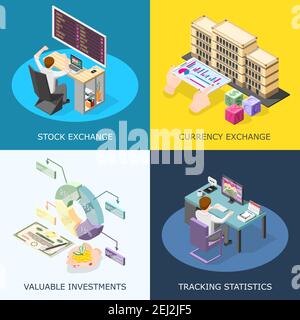 Concept de conception 2x2 de la Bourse avec statistiques de suivi investissement précieux icônes carrées de change illustration vectorielle isométrique Illustration de Vecteur